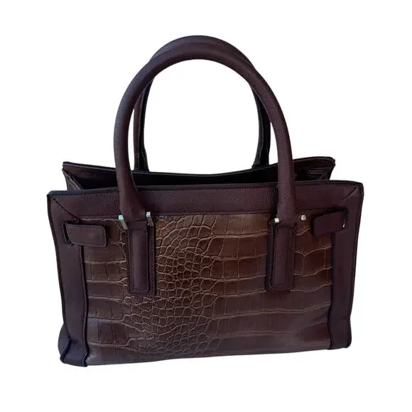 Merona Brown Croc Print Faux Leather Studded Double Handle Handbag Satchel - Picture 3 of 10